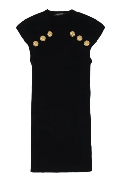 Black embellished viscose-blend cap sleeve knit shift with metallic coat of arms shank buttons