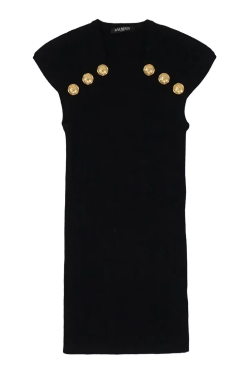 Black embellished viscose-blend cap sleeve knit shift with metallic coat of arms shank buttons