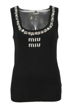 Black embellished viscose-blend rib knit tank top featuring crystal appliqué and logo broderie motif