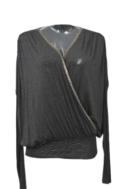 Black embellished viscose-blend interlock jersey knit wrap-effect dolman sleeve draped blouse