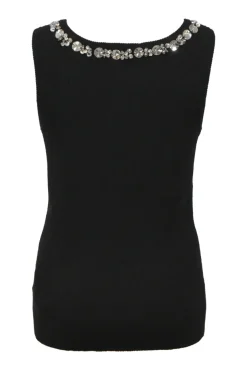 Black embellished viscose-blend rib knit tank top featuring crystal appliqué and logo broderie motif
