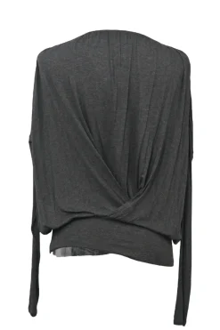 Black embellished viscose-blend interlock jersey knit wrap-effect dolman sleeve draped blouse