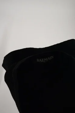 Black embellished viscose-blend cap sleeve knit shift with metallic coat of arms shank buttons