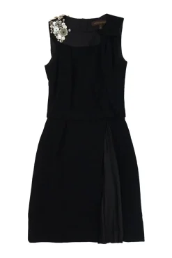 Black embellished wool portrait collar sleeveless mini dress with kick pleat skirt