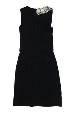 Black embellished wool portrait collar sleeveless mini dress with kick pleat skirt