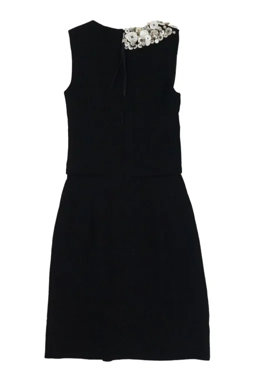 Black embellished wool portrait collar sleeveless mini dress with kick pleat skirt
