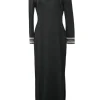 Black embellished wool-blend ponte bateau neck ribbon-tie scoop back long sleeve maxi dress