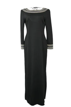 Black embellished wool-blend ponte bateau neck ribbon-tie scoop back long sleeve maxi dress
