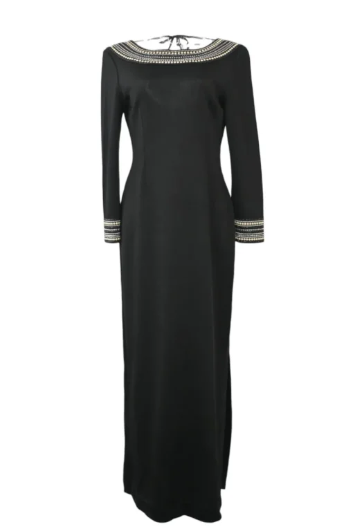 Black embellished wool-blend ponte bateau neck ribbon-tie scoop back long sleeve maxi dress