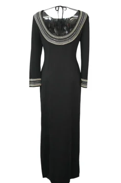 Black embellished wool-blend ponte bateau neck ribbon-tie scoop back long sleeve maxi dress