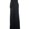 Black, embroidered bustier, strapless, gown.