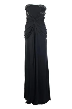 Black, embroidered bustier, strapless, gown.