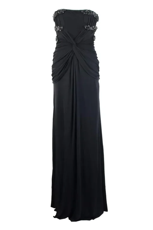 Black, embroidered bustier, strapless, gown.