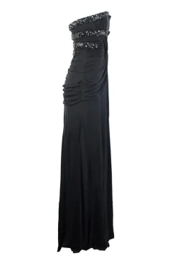 Black, embroidered bustier, strapless, gown.