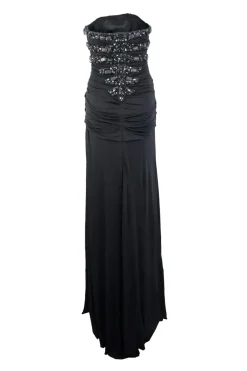 Black, embroidered bustier, strapless, gown.