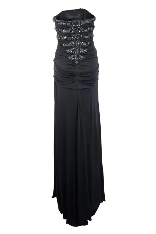 Black, embroidered bustier, strapless, gown.
