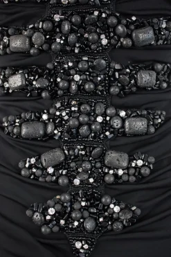 Black, embroidered bustier, strapless, gown.