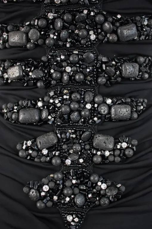 Black, embroidered bustier, strapless, gown.