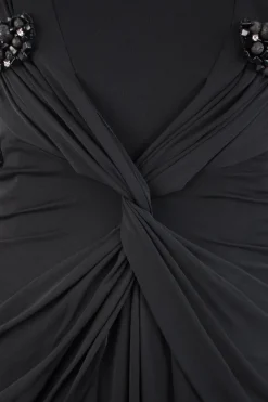Black, embroidered bustier, strapless, gown.