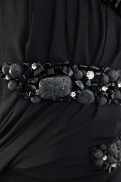 Black, embroidered bustier, strapless, gown.