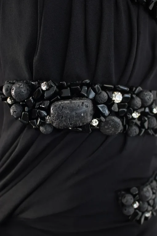 Black, embroidered bustier, strapless, gown.