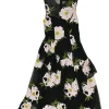 Black embroidered semi-sheer polypropylene tulle sleeveless ruffle midi A-line dress