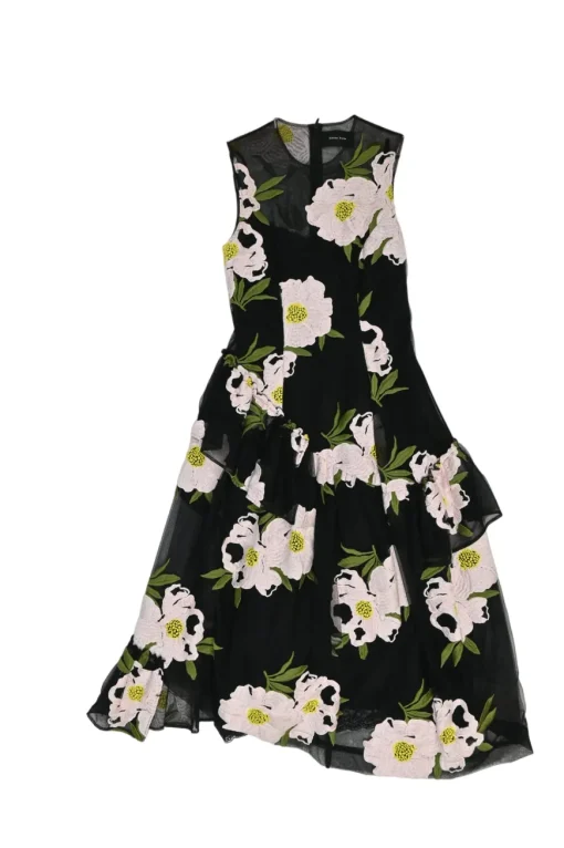 Black embroidered semi-sheer polypropylene tulle sleeveless ruffle midi A-line dress