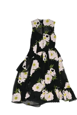 Black embroidered semi-sheer polypropylene tulle sleeveless ruffle midi A-line dress