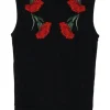 Black embroidered silk sleeveless crewneck pullover knit top featuring rose motif