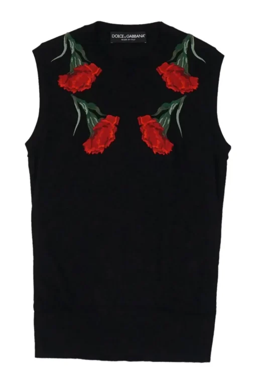 Black embroidered silk sleeveless crewneck pullover knit top featuring rose motif