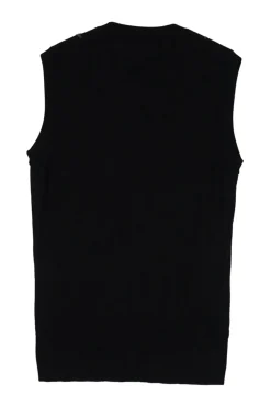 Black embroidered silk sleeveless crewneck pullover knit top featuring rose motif