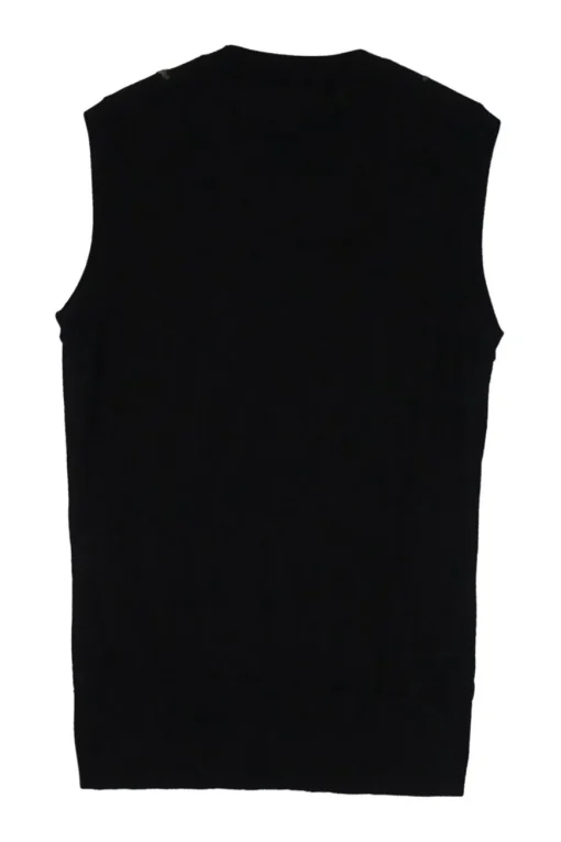 Black embroidered silk sleeveless crewneck pullover knit top featuring rose motif