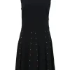 Black faux pearl-embellished viscose-blend paneled sleeveless A-line knit dress with crewneck bodice and pleated skirt