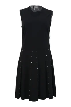 Black faux pearl-embellished viscose-blend paneled sleeveless A-line knit dress with crewneck bodice and pleated skirt