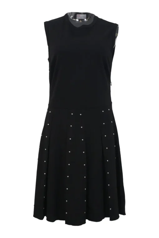 Black faux pearl-embellished viscose-blend paneled sleeveless A-line knit dress with crewneck bodice and pleated skirt