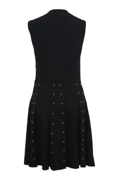 Black faux pearl-embellished viscose-blend paneled sleeveless A-line knit dress with crewneck bodice and pleated skirt