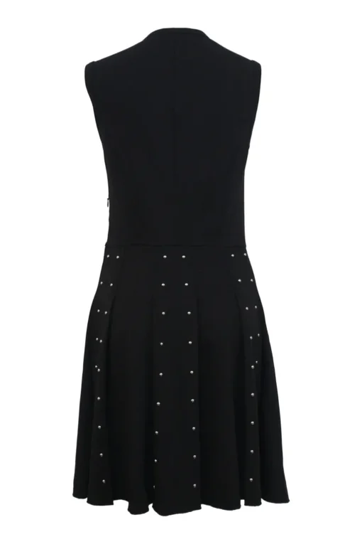 Black faux pearl-embellished viscose-blend paneled sleeveless A-line knit dress with crewneck bodice and pleated skirt