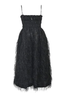 Black feathered polyester cocktail dress with shirred bodice and fixed tubular straps