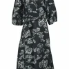 Black floral cotton and silk-blend jacquard Lida wrap midi dress with surplice neckline and 3/4 puff sleeves