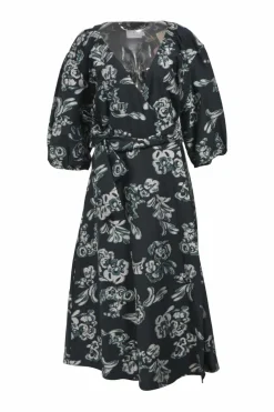 Black floral cotton and silk-blend jacquard Lida wrap midi dress with surplice neckline and 3/4 puff sleeves