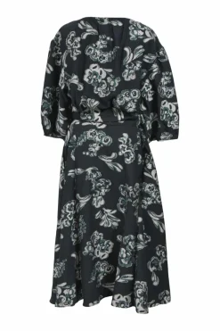 Black floral cotton and silk-blend jacquard Lida wrap midi dress with surplice neckline and 3/4 puff sleeves
