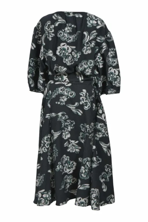 Black floral cotton and silk-blend jacquard Lida wrap midi dress with surplice neckline and 3/4 puff sleeves