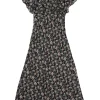 Black floral cotton voile drop-waist flutter sleeve A-line midi dress