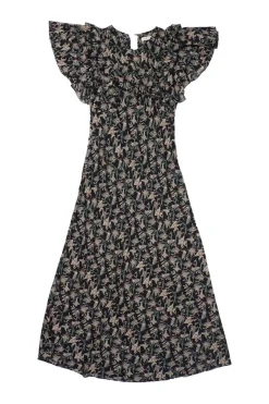 Black floral cotton voile drop-waist flutter sleeve A-line midi dress