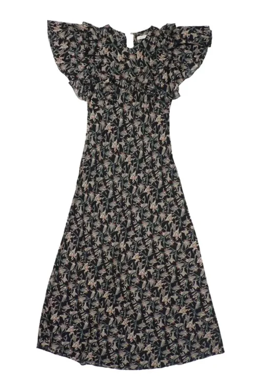 Black floral cotton voile drop-waist flutter sleeve A-line midi dress