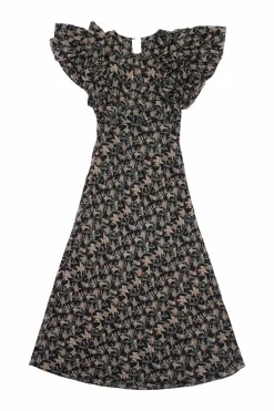 Black floral cotton voile drop-waist flutter sleeve A-line midi dress