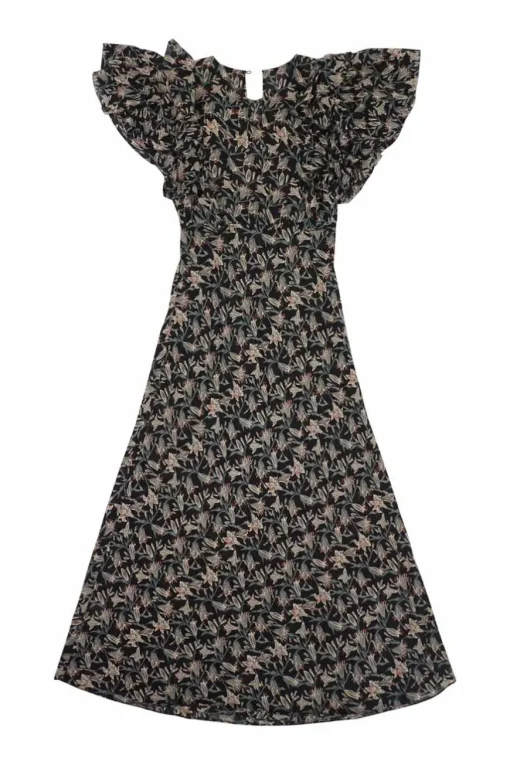 Black floral cotton voile drop-waist flutter sleeve A-line midi dress