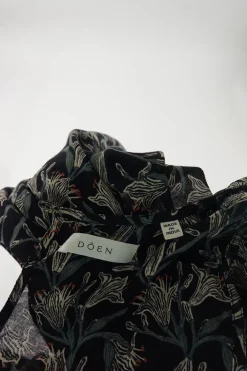 Black floral cotton voile drop-waist flutter sleeve A-line midi dress
