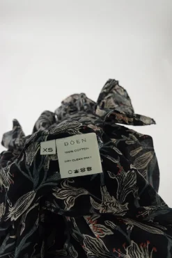 Black floral cotton voile drop-waist flutter sleeve A-line midi dress