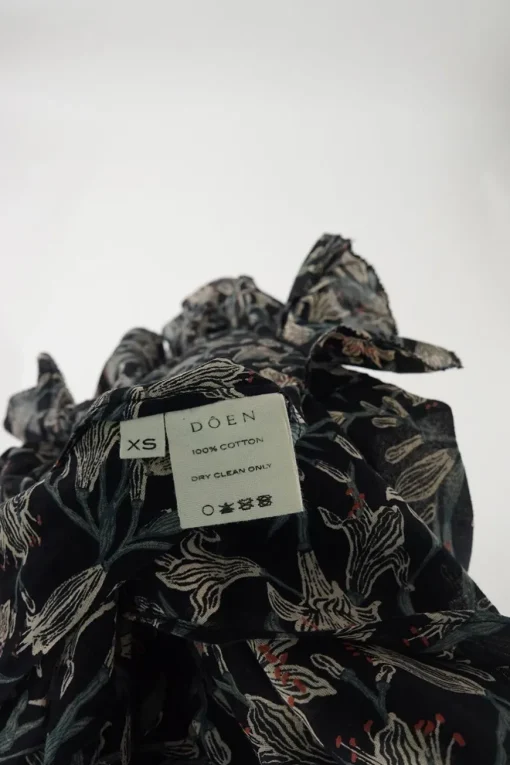 Black floral cotton voile drop-waist flutter sleeve A-line midi dress